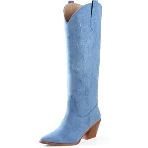 Women Blue Knee High Pointed Toe Block Heel Cowboy Western Embroidered Boots
